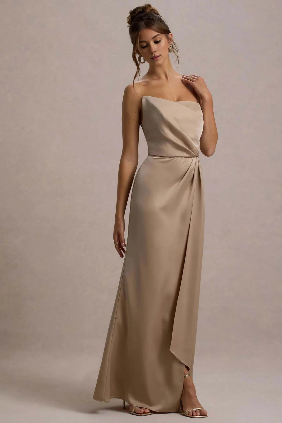 Buyishang Simple champagne strapless pleated long dress for bridesmaids